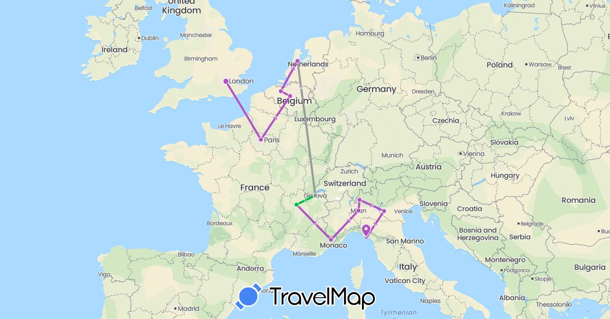 TravelMap itinerary: driving, bus, plane, train in Belgium, Switzerland, France, United Kingdom, Italy, Netherlands (Europe)